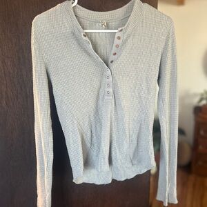 Waffle-Knit Henley Long-Sleeve Top - Light Gray